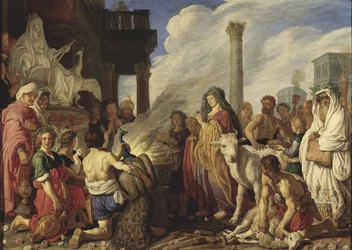 Didon (Elyssa, Elissa, Elisha, Elysha ou Helissa) fait un sacrifice a Junon - o sacrifício de Dido para Juno, por Lastman, Pieter Pietersz. (1583-1633). Óleo sobre madeira