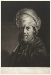 Busto de retrato de um homem usando um turbante