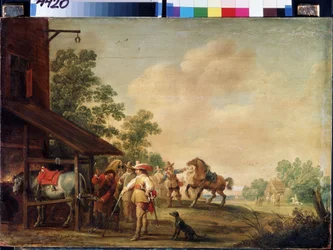 Forja (Uma Forja). Um ferrador (farrier) colocando uma ferradura. Pintura de Pieter Meulenaer (Peter ou Pierre