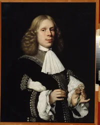 Retrato do prefeito de Haarlem. (Retrato do prefeito de Haarlem). O homem tem uma pequena bússola na mão. Pintura de Pieter Nason (1612-1688)