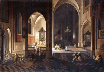 Uma igreja à noite com um padre celebrando a missa em uma capela lateral,
