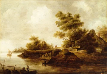 Uma paisagem fluvial com figuras num barco e um viajante numa ponte (óleo sobre painel)