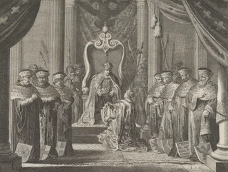 Gravura 8: Imperador Maximiliano II concedendo uma coroa ao brasão de armas de Amsterdã, de Cas..., 1638.