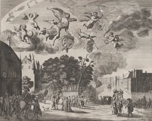 Carlos II entrando em Haia em uma carruagem com o Mauritshuis à direita, de 
