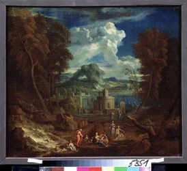 Paisagem com banho de ninfas. Pintura de Pieter I Rysbraeck (1655-1729). Óleo sobre tela, 50 x 58 cm. Arte flamenga, arte barroca. Pushkin Museum of Fine Arts, Moscovo.