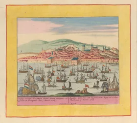 Chegada da frota holandesa-inglesa com o rei Carlos III em Lisboa, 1704 Desembarque de seu Mt. Carel III Rei de Espanha para Lisboa em Portugal den 7 Maert 1704 (...) (título no objeto) Teatro da Guerra, Começo do Rei Karel Den