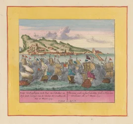 Batalha Naval em Gibraltar, 1705
Ponty sendo batido, na baey of Gibraltar (sie dese in de voorige) das frotas dos Aliados, em 20 de Março de 1705 (título sobre o objecto)
Teatro de Guerra, a começar pelo Rei Carlos II. Até ao Rei Carlos o