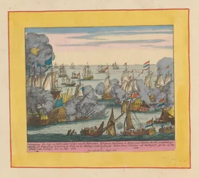 Batalha Naval de Málaga, 1704 Verwinning der Eng en Holl : sob o comando de Admiralen Rooke e Kallenberg (...) (título no objeto) Teatro da Guerra, Começo do Rei Carlos II. Até o rei Carlos III. Existente em IX. Fig. Histórica