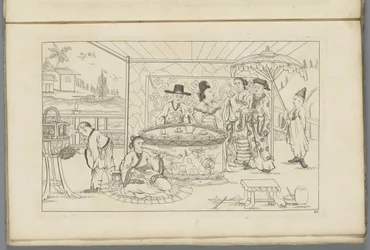 Figuras chinesas em torno de uma mesa de chá
Novas figuras chinesas inventadas desenhadas com grande dificuldade e dadas em Lay, de P. Schenk Jun (...), segundo volume (título da série)
