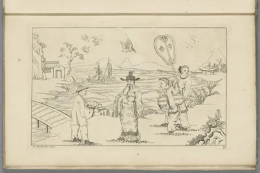 Cavalheiro chinês recebe chá de um servo em uma paisagem Novo Sineesen inventariado desenhado com grande detalhe e publicado em 