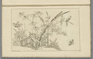 Três pássaros numa árvore florida
Flores e pássaros chineses (título da série)