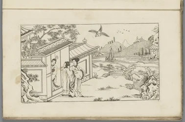 Paisagem com três mulheres chinesas na porta de uma casa Novo Sineesen inventariado, assinado com grande detalhe e publicado em 