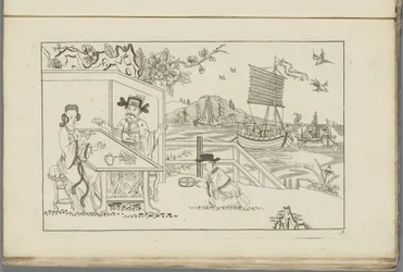 Paisagem com um homem e uma mulher a beber chá
Novo chinês inventado, desenhado com grande dificuldade e dado em Lay, por P: Schenk Jun (...), primeira parte (título da série)
