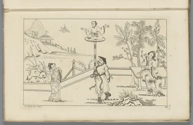 Paisagem com figura sentada de pernas cruzadas sobre uma plataforma
Novo inventado Sineesen met groote moeyte geteekent en in 