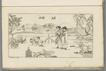 Paisagem com espectadores numa luta de galos; Chineses recém-inventados, desenhados com grande esforço e publicados por P. Schenk Jun (...), primeira parte (título da série)