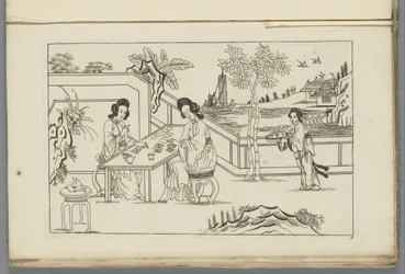 Paisagem com duas mulheres chinesas jogando um jogo de cartas Novo Sineesen inventariado, assinado com grande detalhe e publicado em 