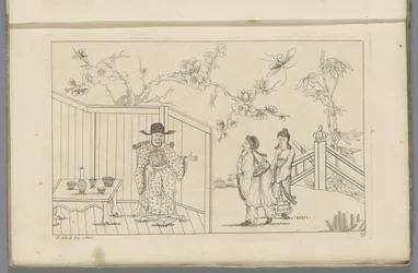 Homem ricamente vestido em uma cadeira em uma mesa posta Novo Sineesen inventariado desenhado com grande detalhe e publicado em 