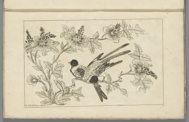 Duas aves num ramo em flor
Flores e pássaros chineses (título da série)