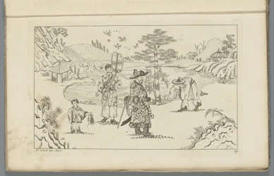 Quatro figuras chinesas em uma paisagem Novo Sineesen inventariado desenhado com grande detalhe e publicado em 