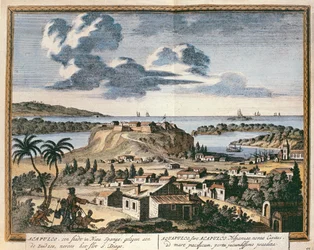 Vista, de, acapulco, ilustração, de, &39;Hectomopolis&39;, publicado, em, amsterdão, em, 1700