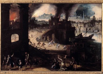 A Destruição da Pintura de Tróia por Pieter Schoubroeck (1570-1607) Besancon do século XVII. Museu de Belas Artes