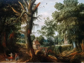 Paisagem arborizada com figuras