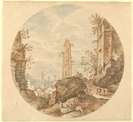 Viajantes entre ruínas romanas