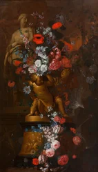 Flores em cascata com esculturas de uma santa e de um putti dourado sobre uma base com um presépio num jardim ao crepúsculo, c.1690-1750 (óleo sobre tela)