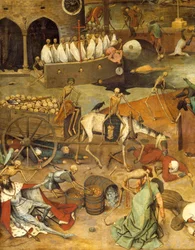 O triunfo da morte. A morte puxa o carro entre os cadáveres. Corpos de guerreiros e reis jazem no chão. Pintura de Pieter Bruegel (ou Breugel ou Brueghel ou Breughel) o Velho (1525-1569), século XVI. Alt. 117 x 162 cm. Museo del Prado, Madrid