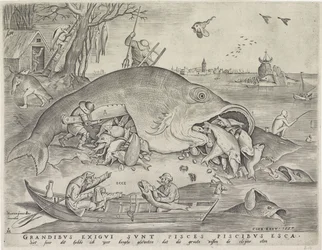 Peixe grande come o peixe pequeno, gravado por Pieter van der Heyden, 1557
