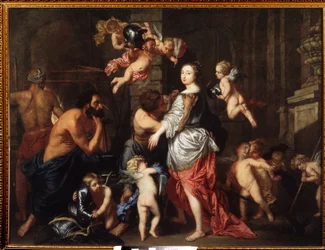 A visita de Vénus (Afrodite) a Vulcano (Hephaistos). Pintura por Pieter Thies (1624-1677 ou 1679). Óleo sobre tela