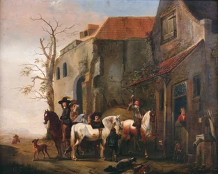 Cavaleiros e cavalos na porta de uma pousada