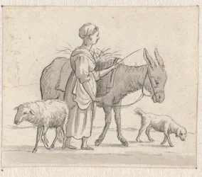 Mulher com burro, ovelha e cão