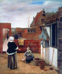 Uma mulher e uma empregada doméstica em um pátio, c1660-1661