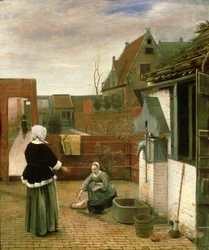 Uma mulher e uma empregada em um pátio, c.1660-61