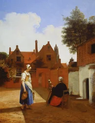 Pátio em Delft ao entardecer: uma mulher a fiar