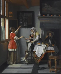Interior com uma criança alimentando um papagaio par Hooch, Pieter, de