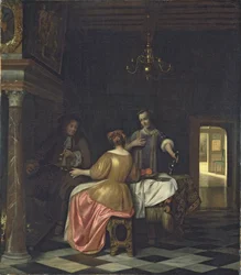 Interior com um cavalheiro e duas senhoras conversando, c.1668-70 (óleo sobre tela)