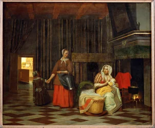 Interior com a mãe a alimentar o filho e uma criada (óleo sobre tela)