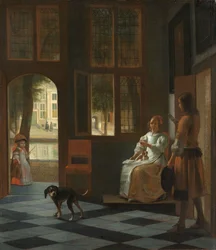 Homem, entregar, um, carta, para, um, mulher, em, a, corredor entrada, de, um, casa, 1670