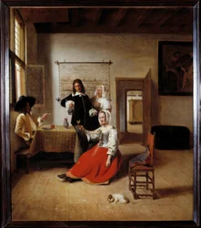 A bebedora. Uma mulher alcoólica numa casa flamenga rodeada por outros bebedores. Pintura de Pieter de Hooch (1629-1684), 1658. Alt. 0,69 x 0,6 m - Mulher a beber com soldados. Interior de uma casa flamenga. Pintura de Pieter de Hooch (1629-1684)
