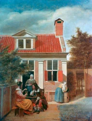 Três mulheres e um homem em um pátio atrás de uma casa, c1657-1659