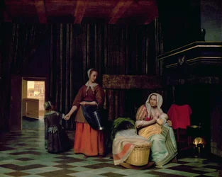Mulher, com, criança, empregada servindo, com, criança