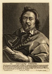 Retrato de Jacques Jordaens, pintor flamengo, desenhista e tapeçaria conhecido por suas pinturas históricas, cenas de gênero e retratos