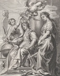 Alegoria do Bom Governo, sentado ao centro e sendo coroado por um putto e um wo..., c. 1640-74.