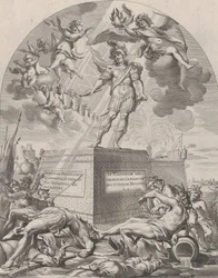 Placa 1: Ferdinand como Marte, de pé em um pedestal, de 