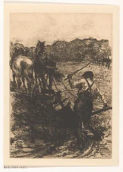 Fazendeiro com dois cavalos arando