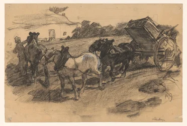 Perdição de três cavalos em frente de uma carroça num campo inclinado no Limburgo