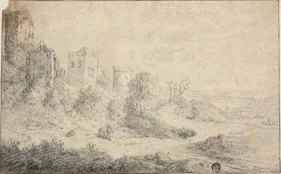 Paisagem com castelo em ruínas e três figuras