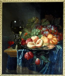 Frutas e vinho. Pintura por Pieter De Ring (1615-1660) Ec. Hol.